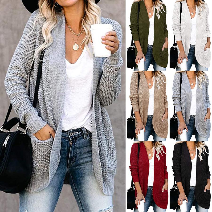 Women Solid Color Knitted Sweater Cardigan Coat