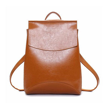 Women Oil PU Leather Simple Big Capacity Backpack