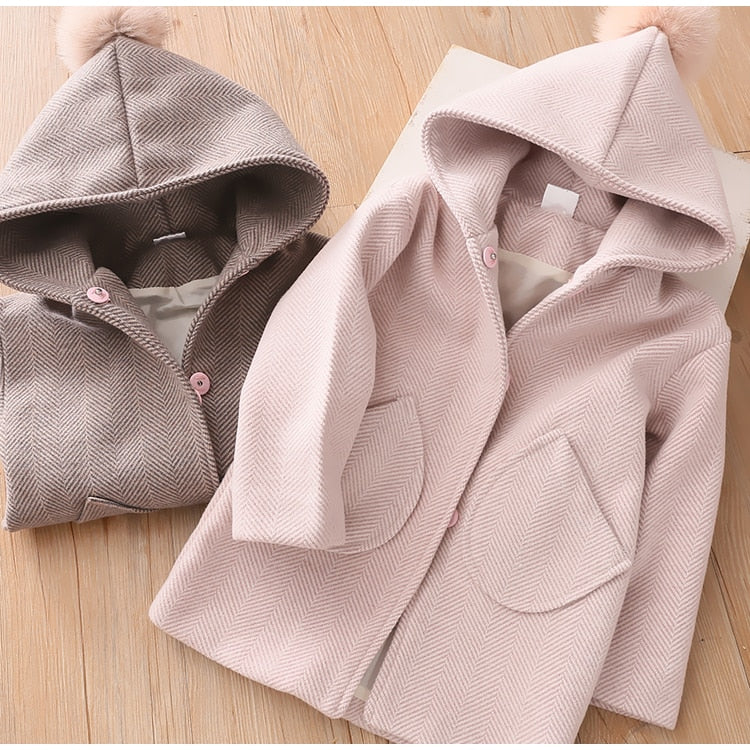 Winter Jackets Girls Hooded Hair Ball Wool Baby Clothes 3 4 5 6 7
