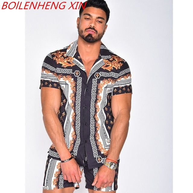2021 NEW Men Hawaiian Sets Printing Summer Short Sleeve Button Shirt