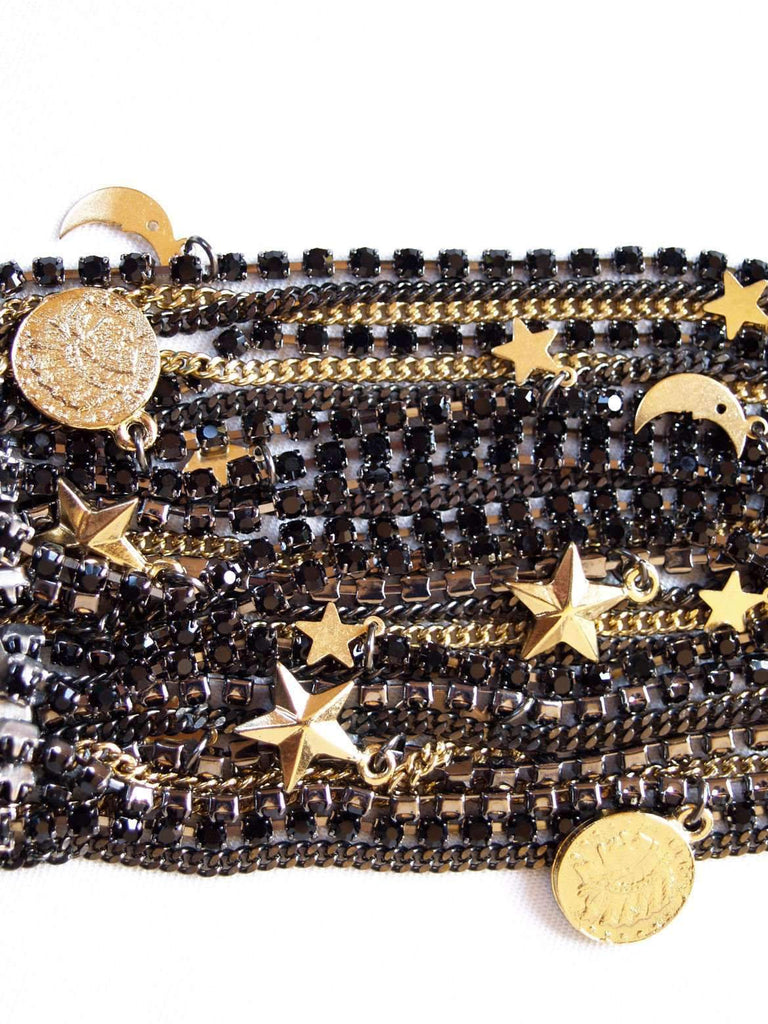 Black Ematite Jet Crystals Cuff Bracelet with 18kt Gold Plated Charms.