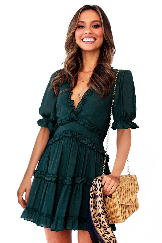 Green Ruffled V Neck Puff Sleeve Hollow-out Back Swing Short Dress