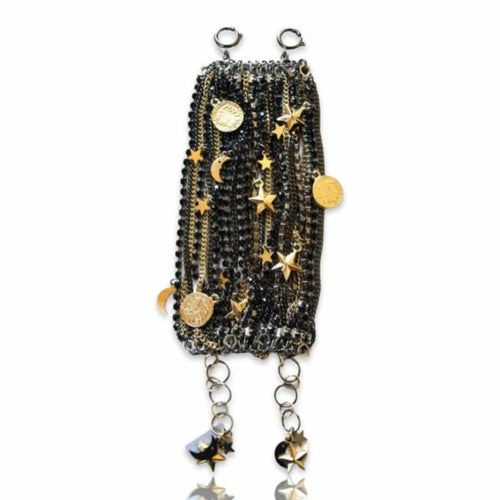 Black Ematite Jet Crystals Cuff Bracelet with 18kt Gold Plated Charms.