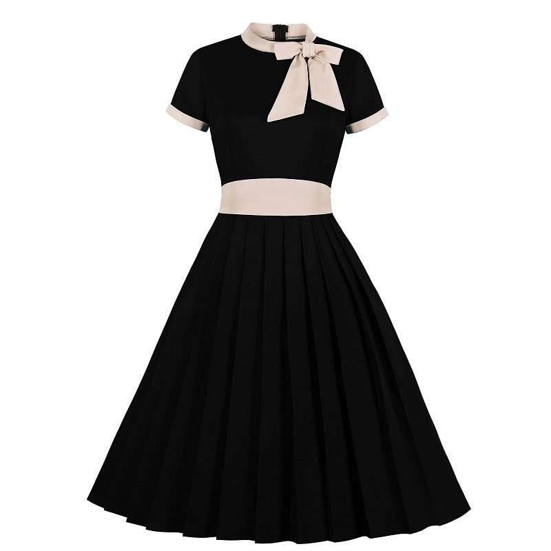 Ladies pleated stand collar bow dress