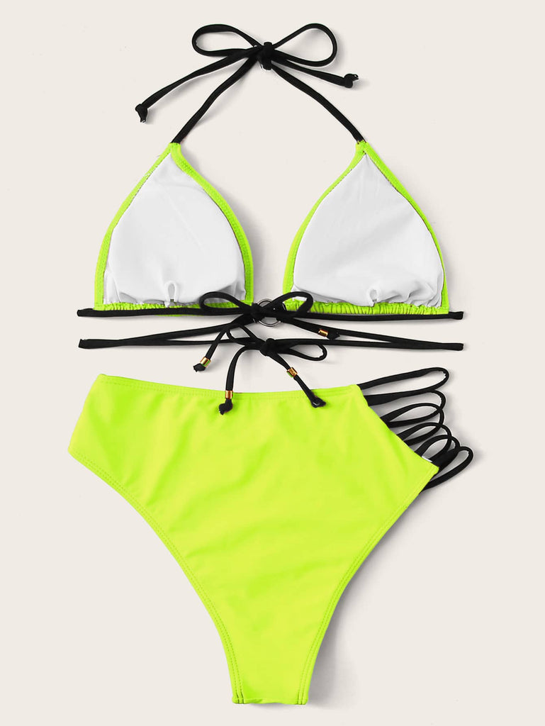 Neon Lime Strappy Halterneck Triangle Bikini Swimsuit