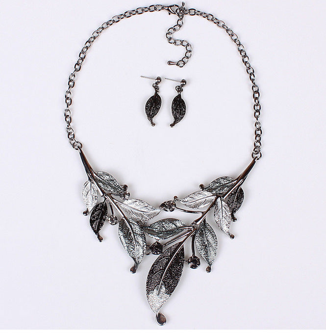 All-Match Leaf Shape Color Dripping Oil Diamond Necklace set
