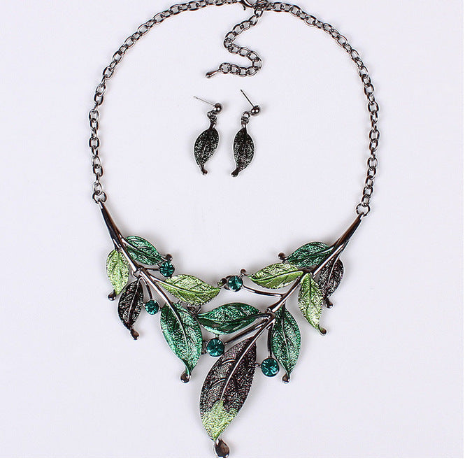 All-Match Leaf Shape Color Dripping Oil Diamond Necklace set