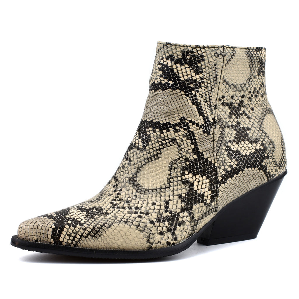 Mid-heel denim snake print ankle boots