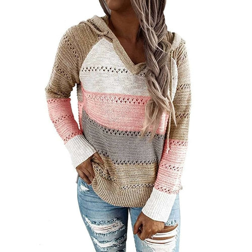 Hit Color Long Sleeve Hoodies Knitted Sweatshirts