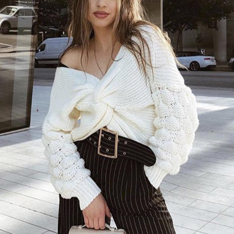 V-neck Long Sleeve Wrap Hollow Knitted Sweater