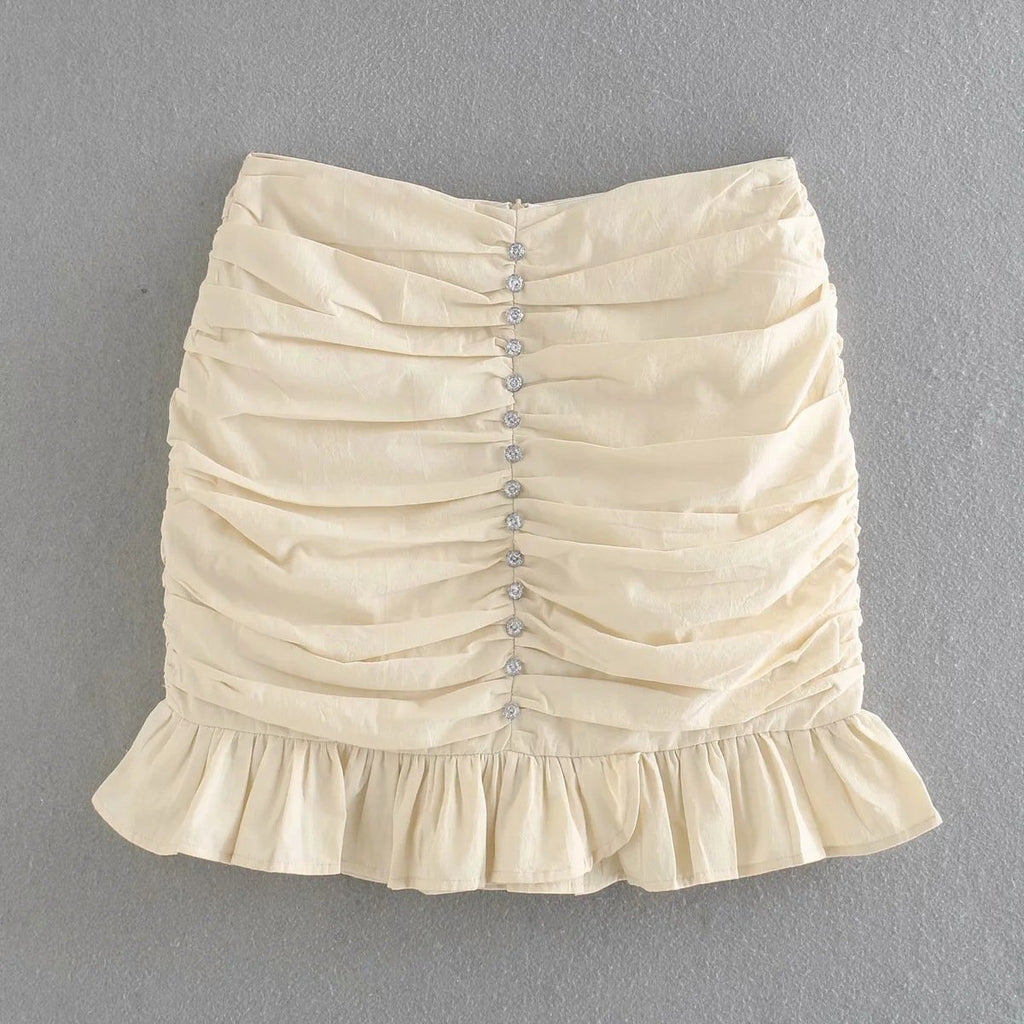 High Waist Ruched Ruffle Rhinestone Skirt