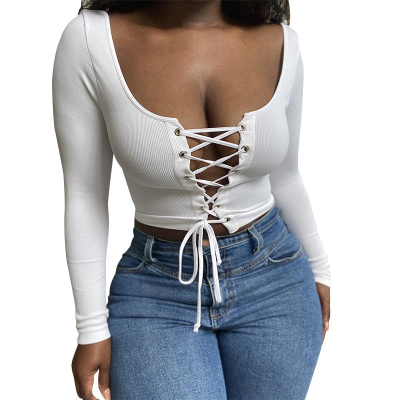 Sexy Lace Up Front T-Shirts Long Sleeve Ribbed Knit Top