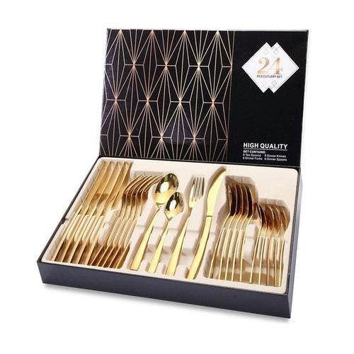 24PCS Gold Tableware Cutlery Dinner Set Cutlery Set Dishes Knives
