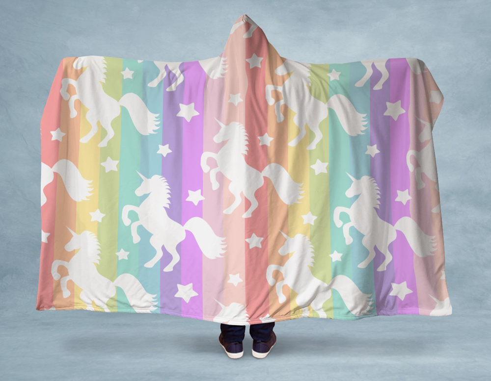 Rainbow Unicorn Stripes Hooded Blanket
