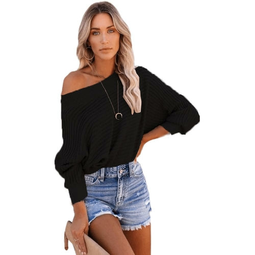 Solid Color Off Shoulder Pullover Knitted Sweater