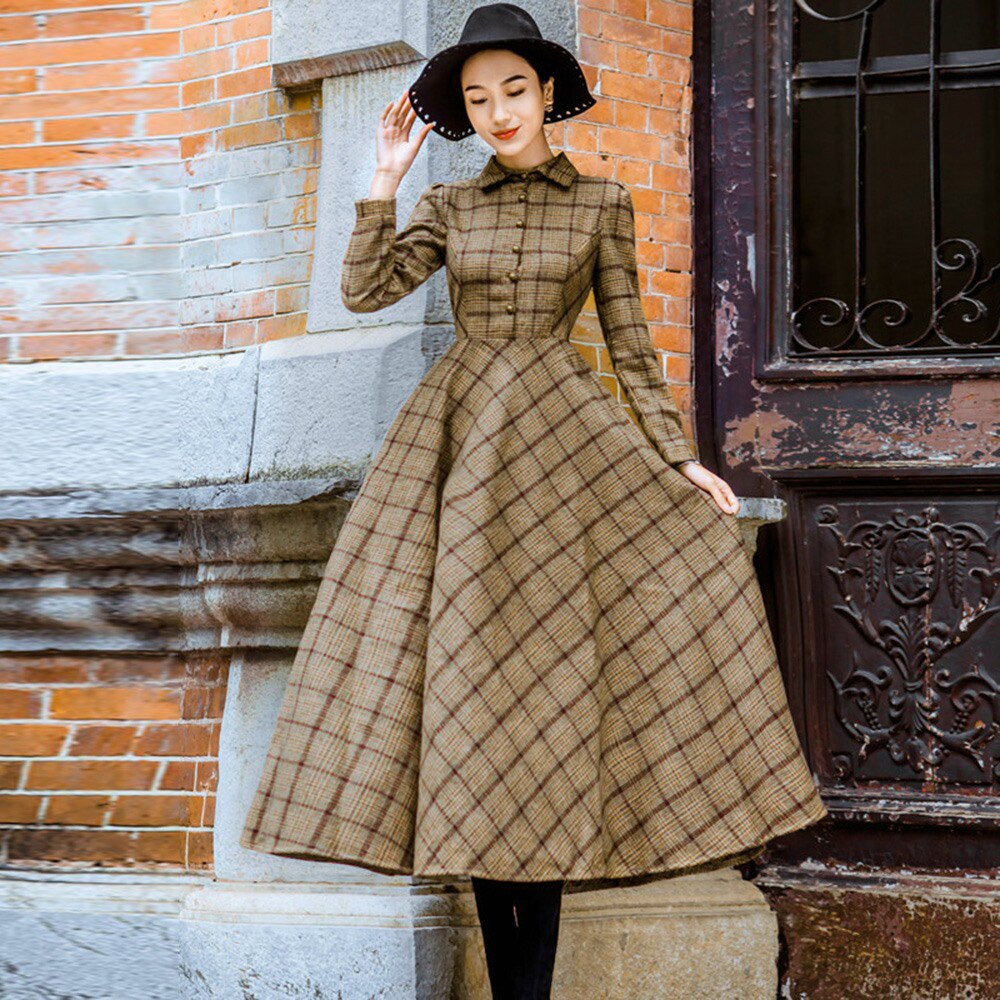 Retro temperament was thin plaid dress with a large dress mid-length skirt