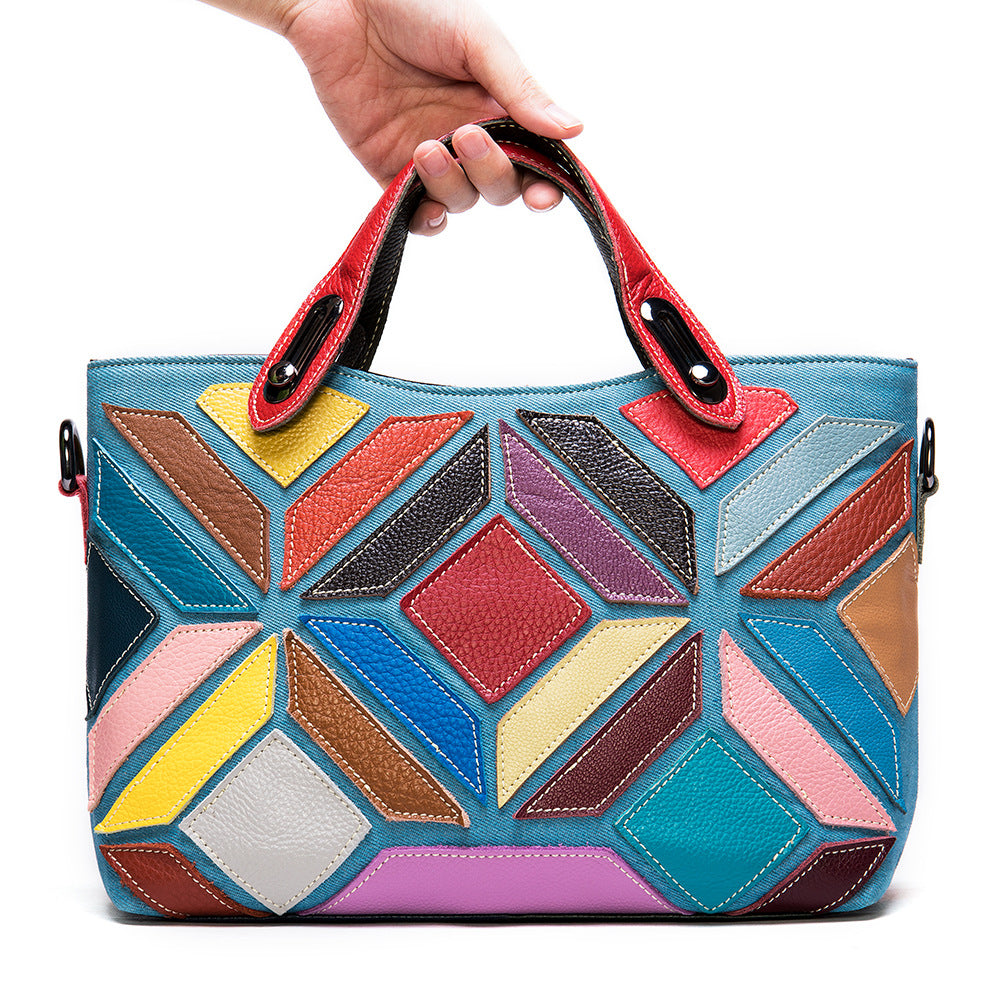 Colored Lady's Handbag With Cowhide Stitching Top Layer