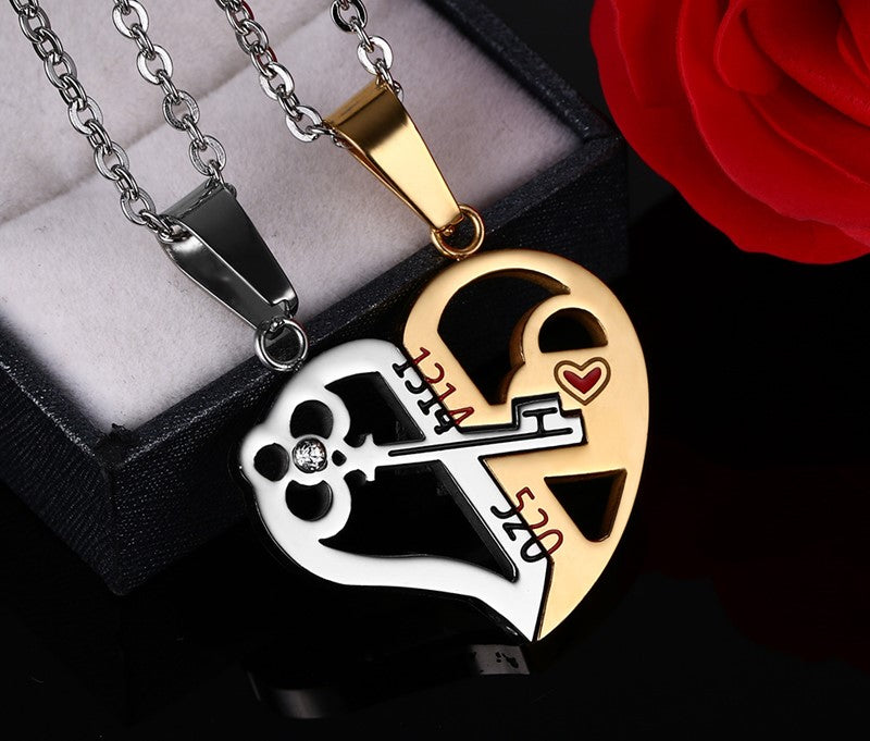Romantic Couples Heart Key Crystal  Necklace