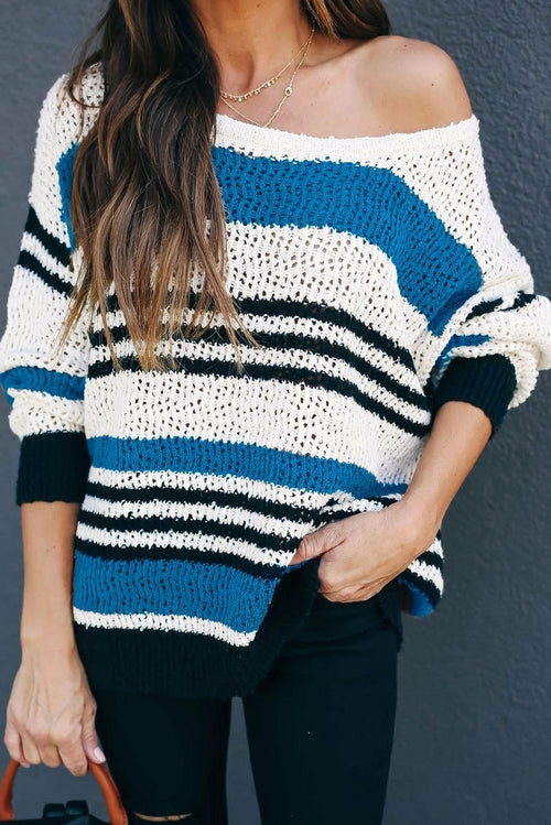 Blue Loose Fit Striped Pattern Sweater