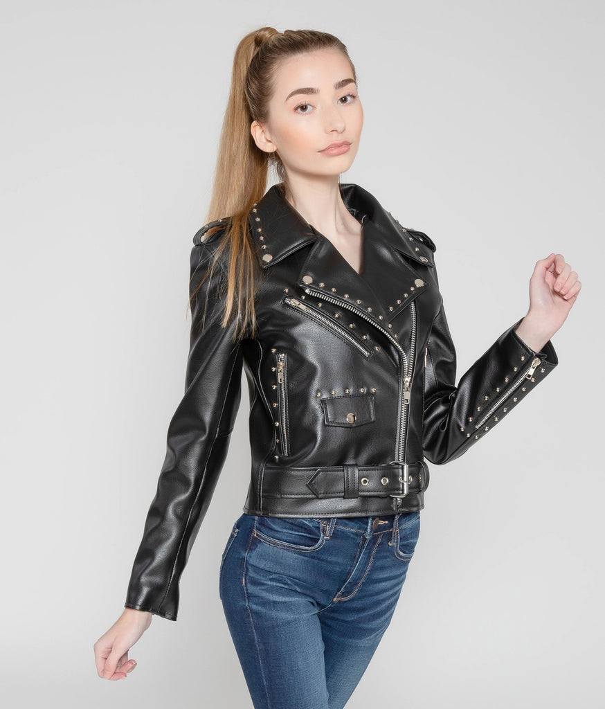 Women's Vegan Round Studded Black Moto Style Faux Leather Jacket