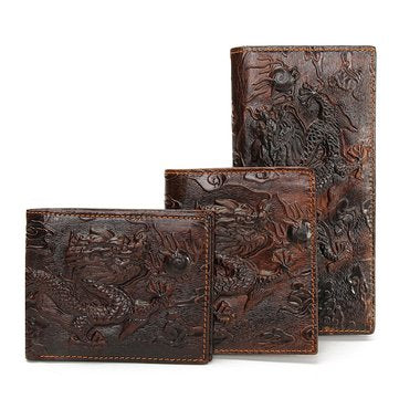 Men Genuine Leather Dragon Long Short Wallet