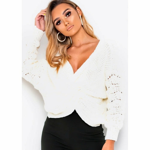 V-neck Long Sleeve Wrap Hollow Knitted Sweater