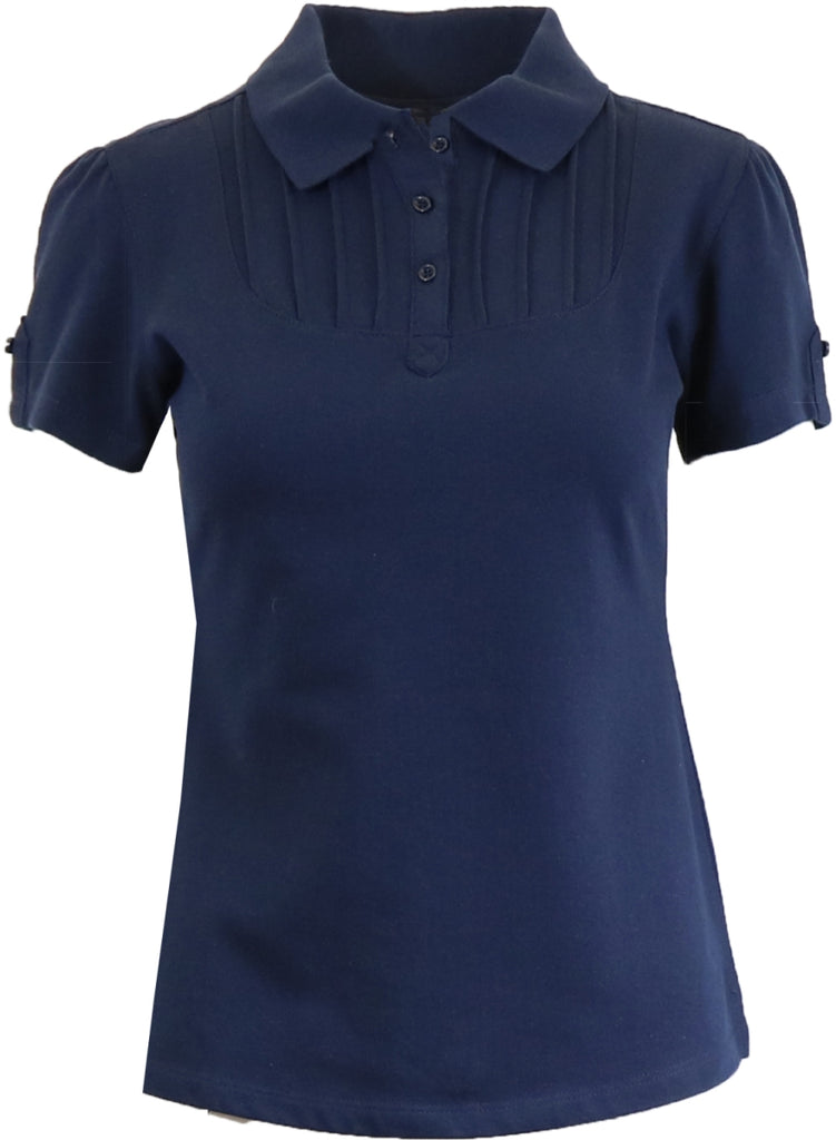 Juniors Navy Short Sleeve Polo With Pleated Placket, Small-Extra L