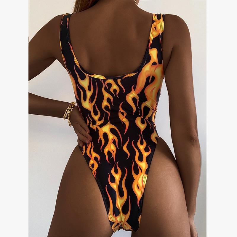 Fire Print Monokini Retro Sexy Swimsuit Female High Cut Bodysuit