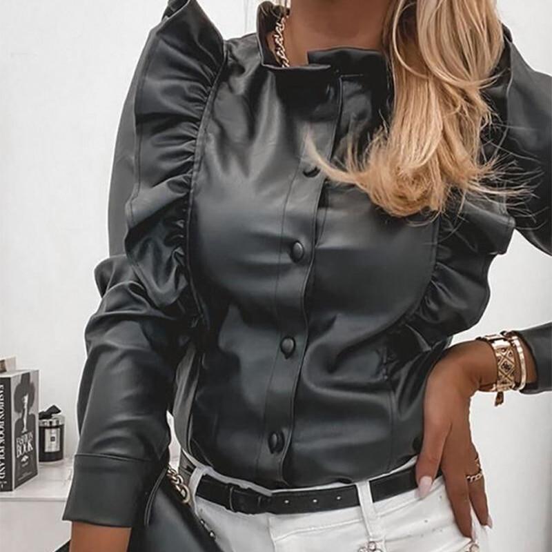Houndstooth Leather Blouse Button Office Lady Ruffled Shirt