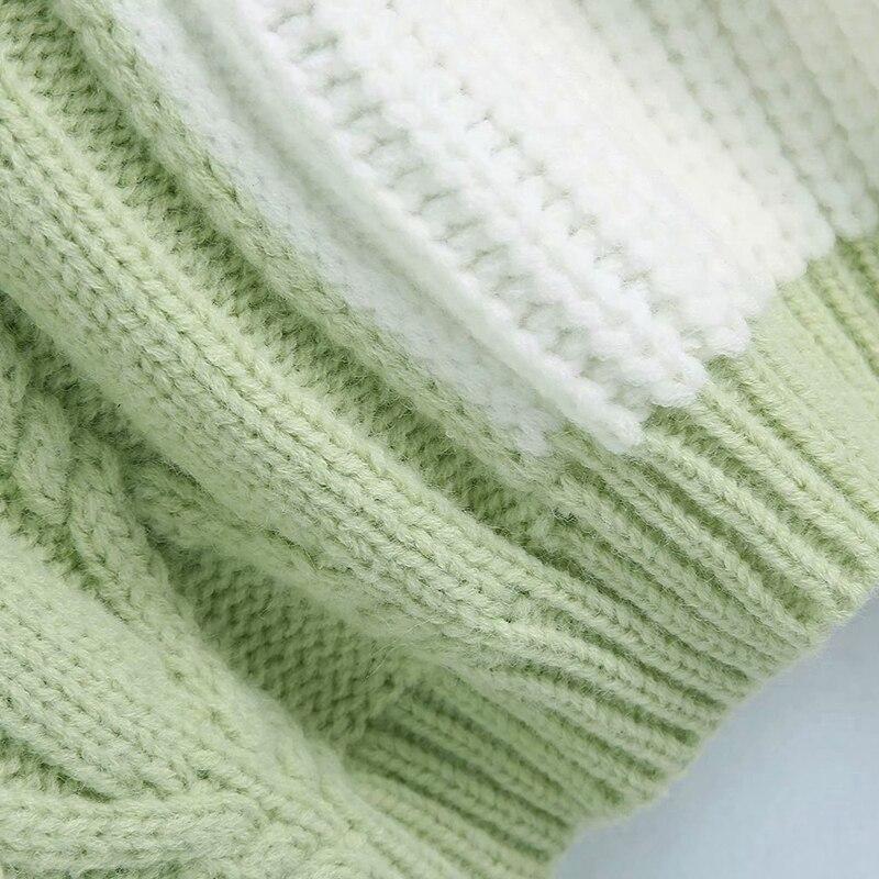 Crocheted V Neck Green White Patchwork Sweaters
