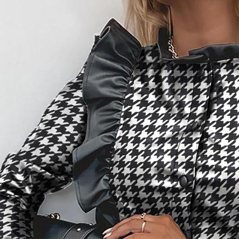 Houndstooth Leather Blouse Button Office Lady Ruffled Shirt