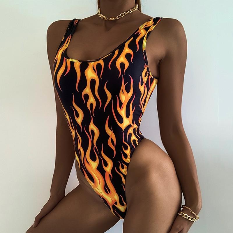 Fire Print Monokini Retro Sexy Swimsuit Female High Cut Bodysuit