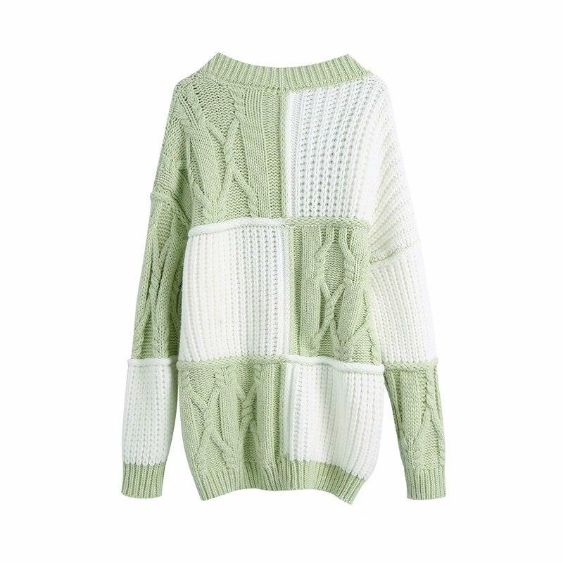 Crocheted V Neck Green White Patchwork Sweaters