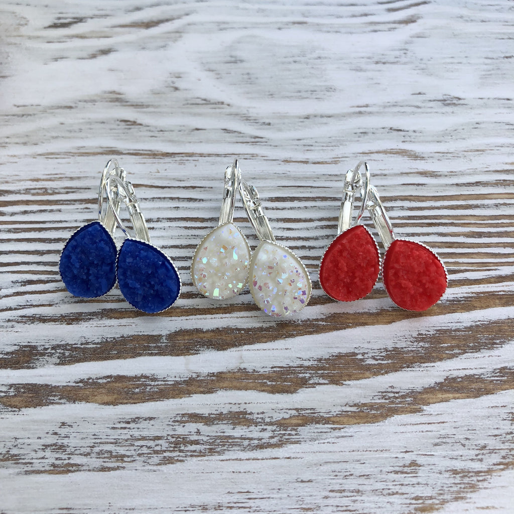 Patriotic 4th of July, Red, White + Blue Druzy Dangly Teardrop