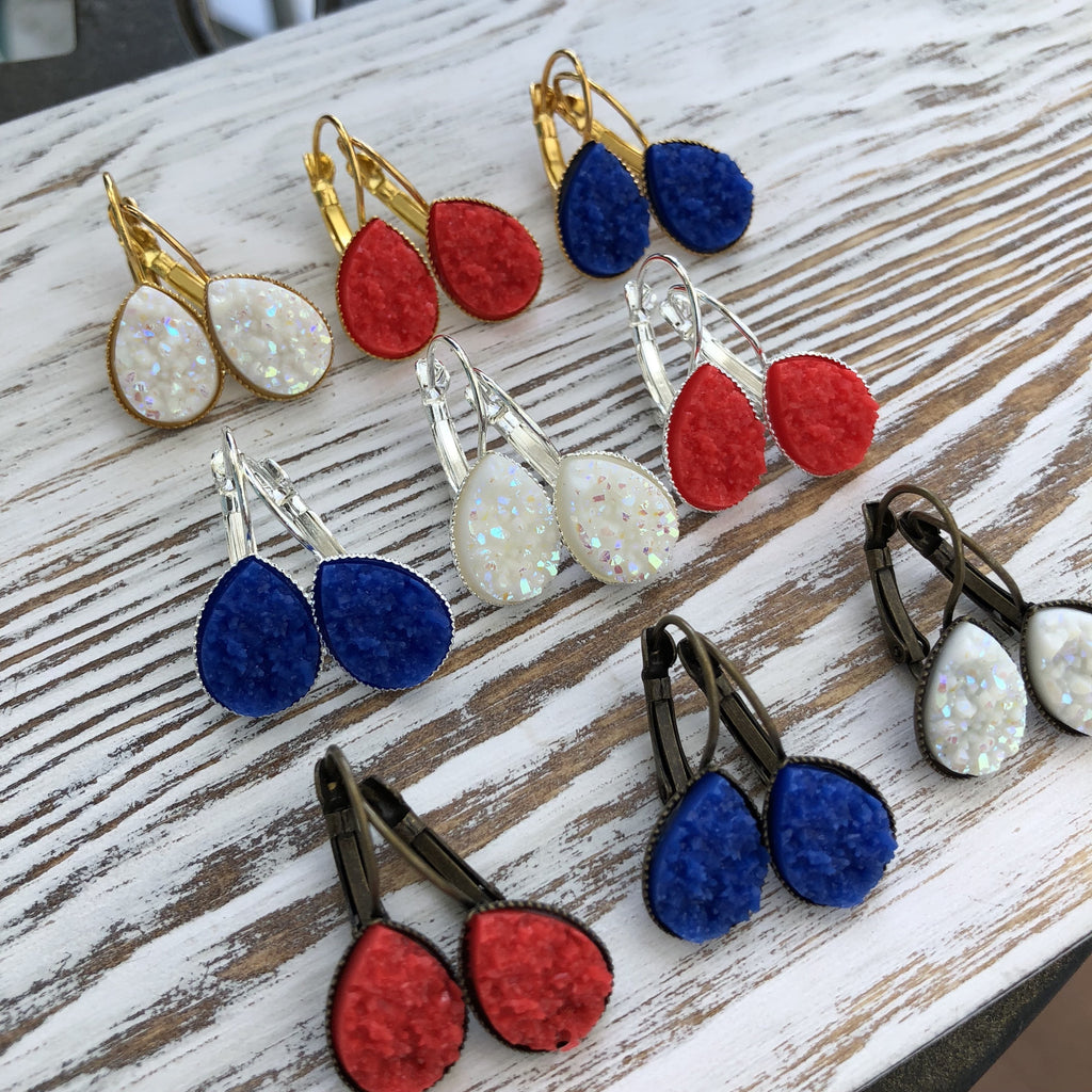 Patriotic 4th of July, Red, White + Blue Druzy Dangly Teardrop