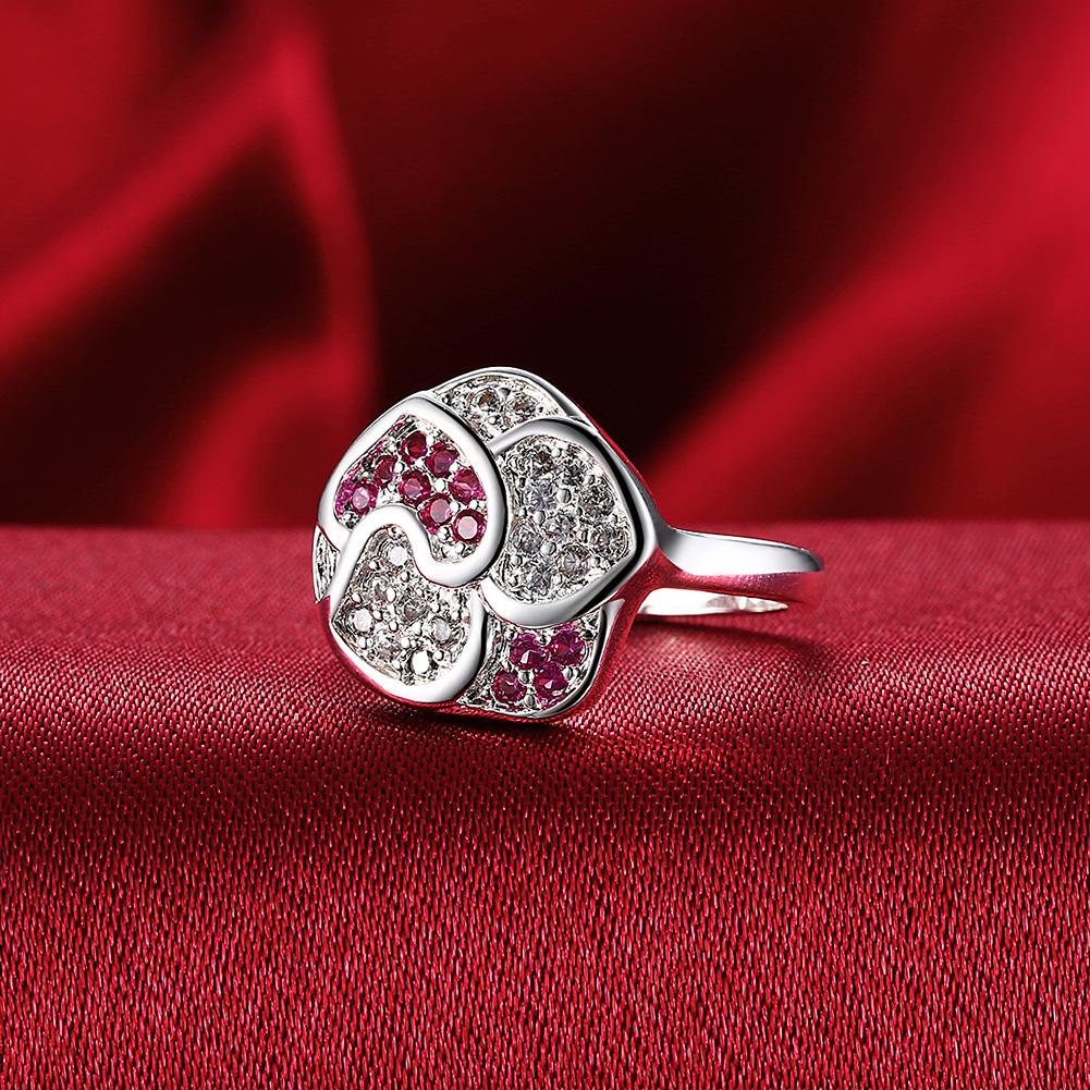 Silver Plating Pink & White Swarovski Curved Floral Statement Ring