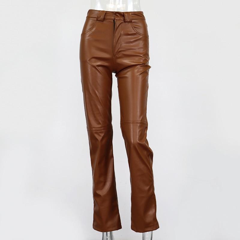 Woman Pants High Waist Zipper Solid Color Long Leather Pants