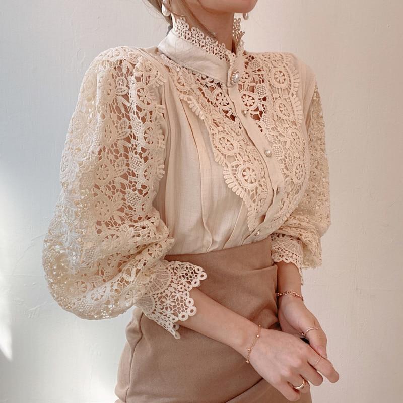 Petal Sleeve Stand Collar Hollow Out Flower Lace Patchwork Shirt