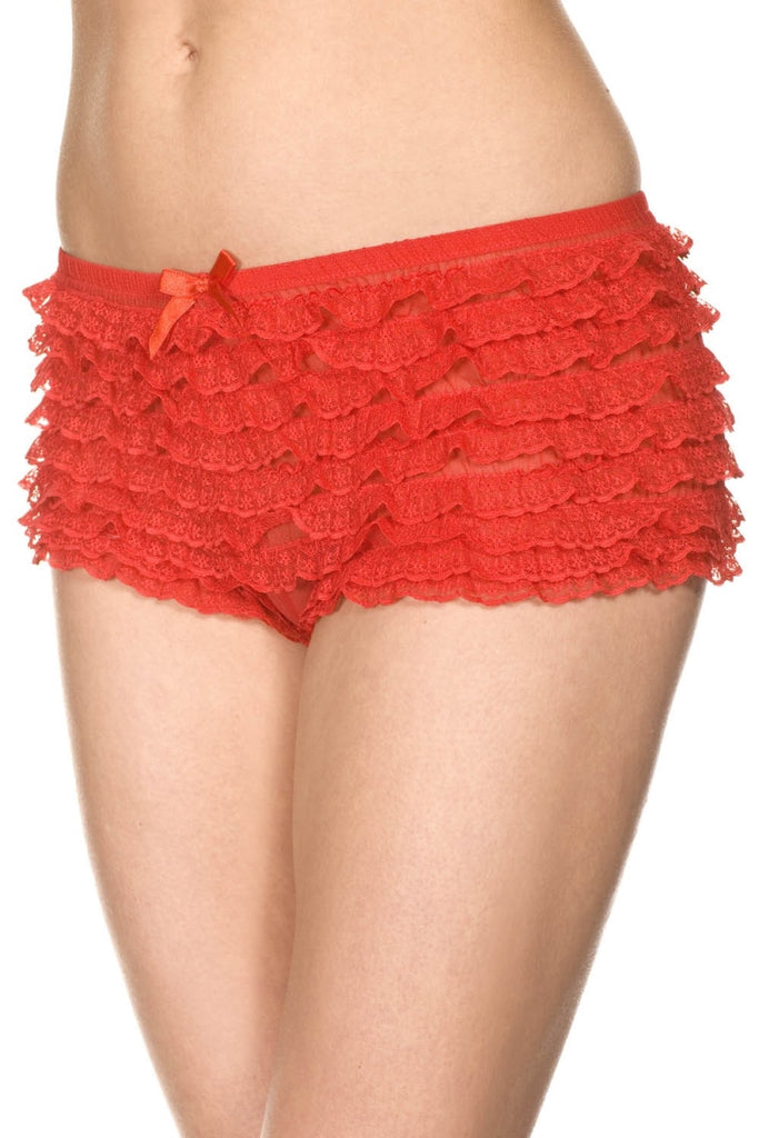Music Legs 115-RED Micro Mesh Lace Ruffle Trim Tanga Short, Red