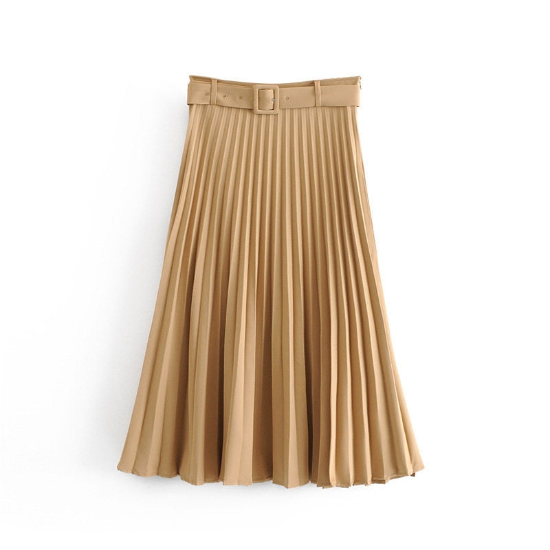 Solid Pleated Loose Skirt Sashes Mid Calf Skirts