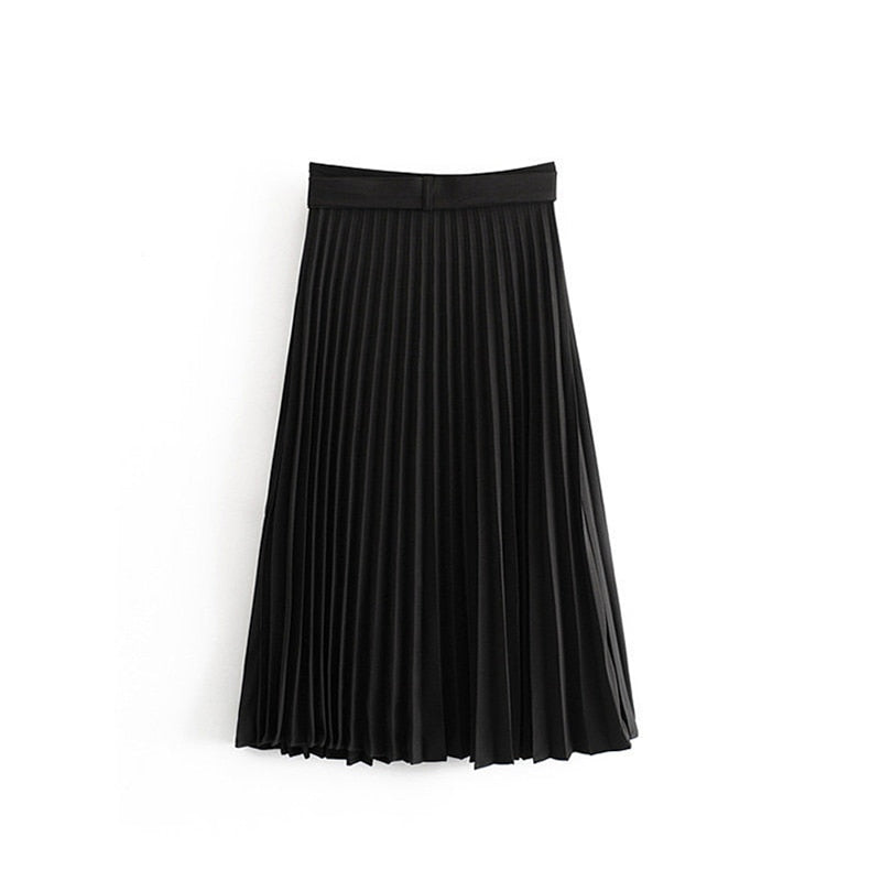 Solid Pleated Loose Skirt Sashes Mid Calf Skirts