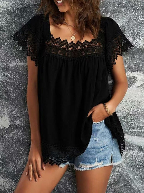Women's Lace Top Loose Ladies T Shirt All U Neck Short Sleeve Lace Top