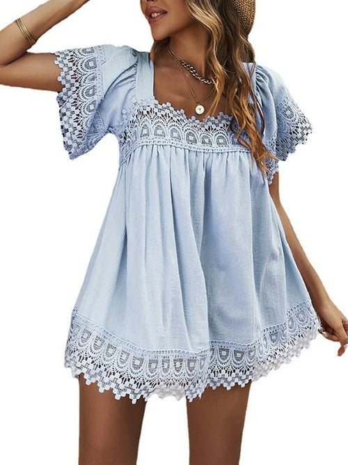 Women's Lace Top Loose Ladies T Shirt All U Neck Short Sleeve Lace Top