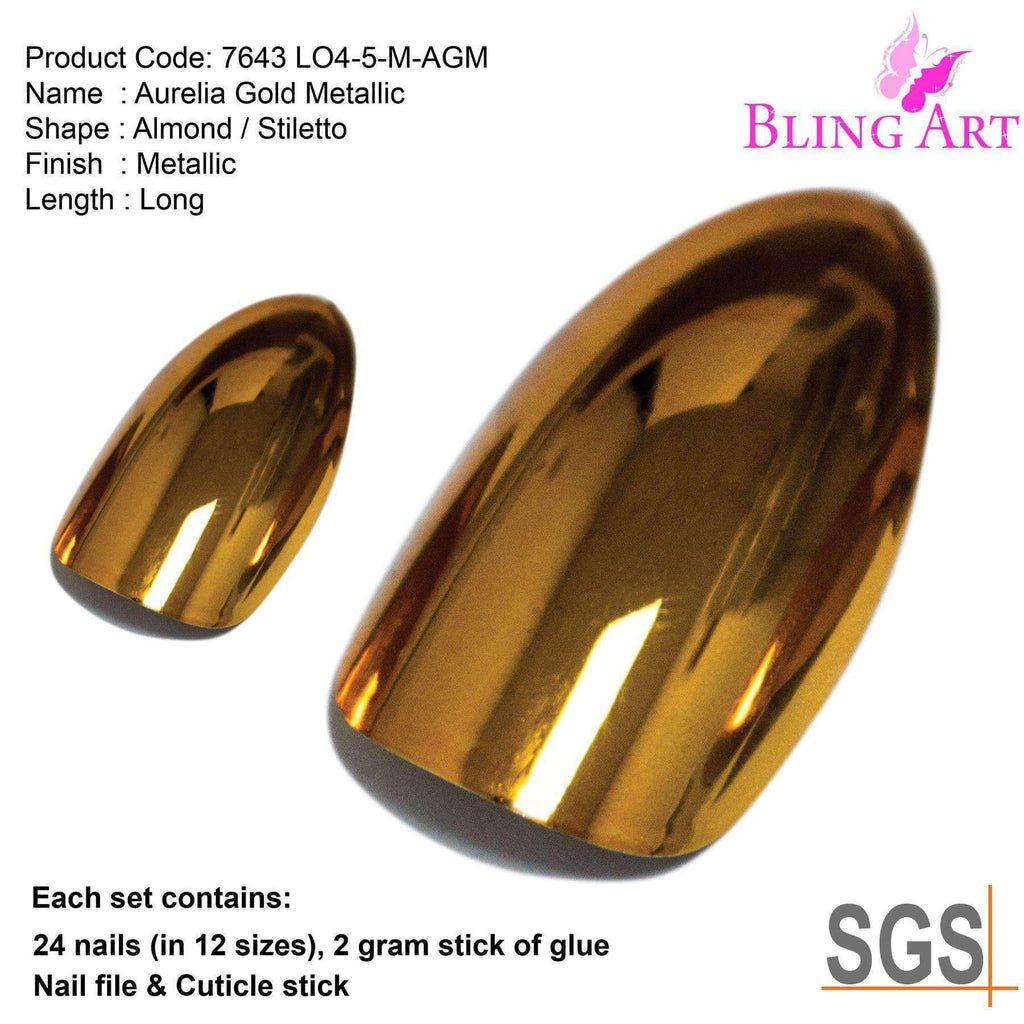 False Nails by Bling Art Gold Metallic Almond Stiletto Acrylic Long