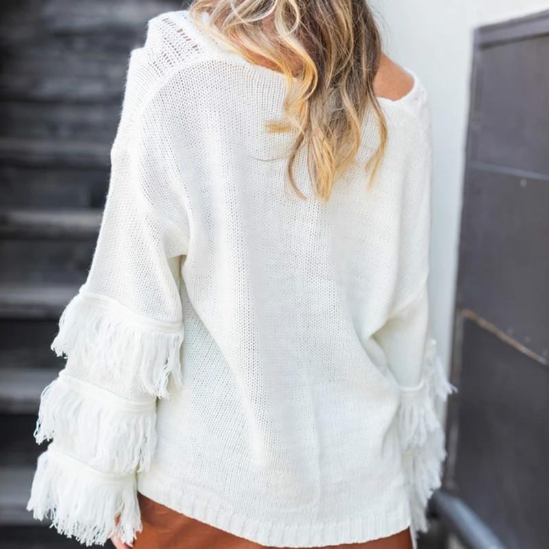 Oversize White Knitted Fringe Sweater