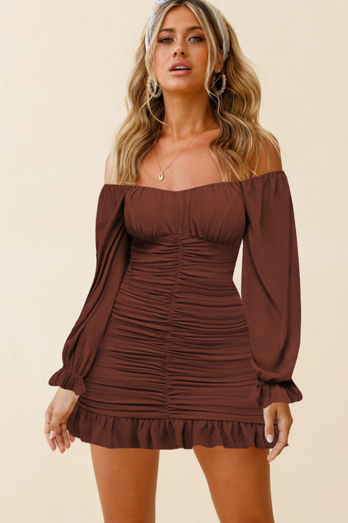 New Ruffled Pleated Sexy Off-the-shoulder Long Sleeve Dress
