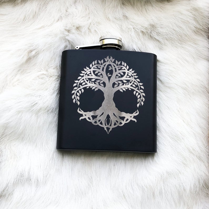 Custom Viking Tree Of Life Yggdrasil World Tree Mat Black Flask