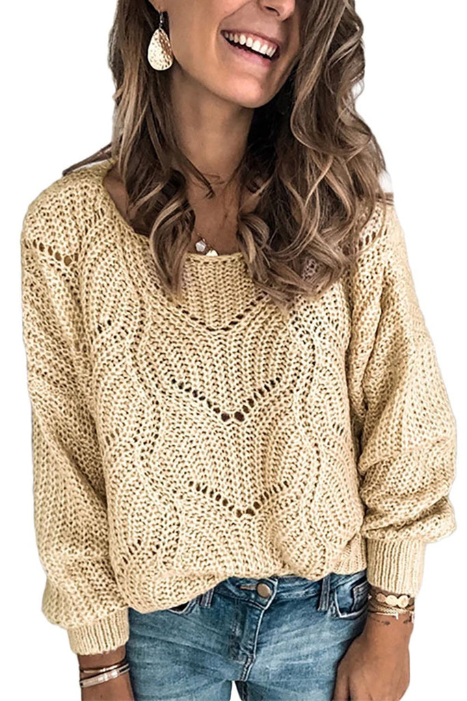 Women's Khaki Hollow-out Round Neck Knitted Sweater
