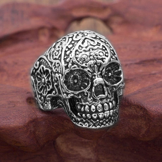 Gothic Flower Skull Ring For Men