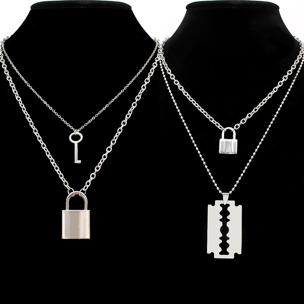 Stainless steel Double layer key Lock necklace